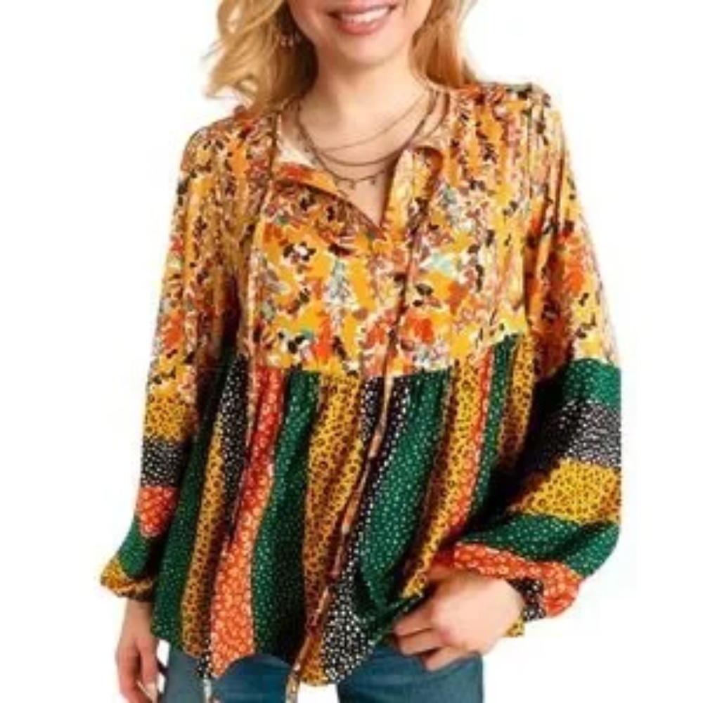 Haptics by Holly Harper Mustard Floral & Leopard Boho Top L/S Size Medium